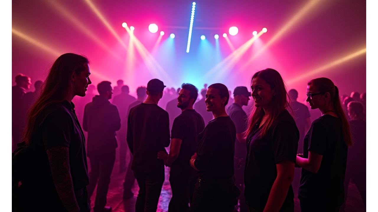 Diverse Pulse Riff Events team celebrating a successful electronic music festival, bathed in neon lights