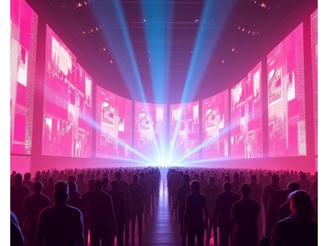 Render of a futuristic 360-degree immersive stage with complex light patterns and a large crowd