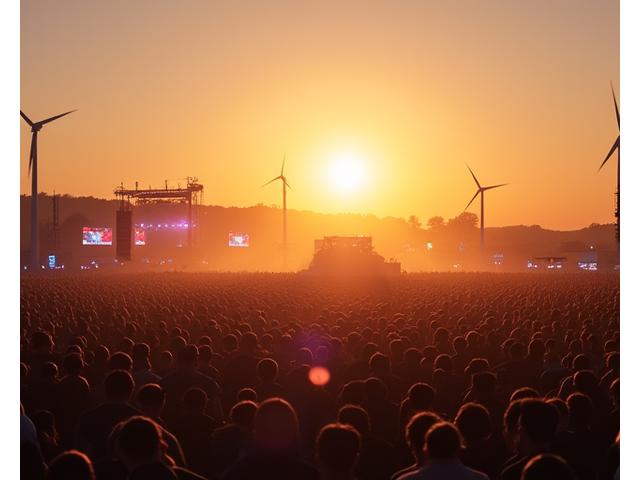 Wide shot of a large, environmentally friendly music festival at sunset, with solar panels visible