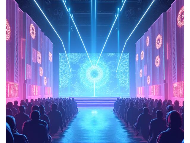 Futuristic concert stage rendering with holographic projections and laser lights, hinting at advanced technology