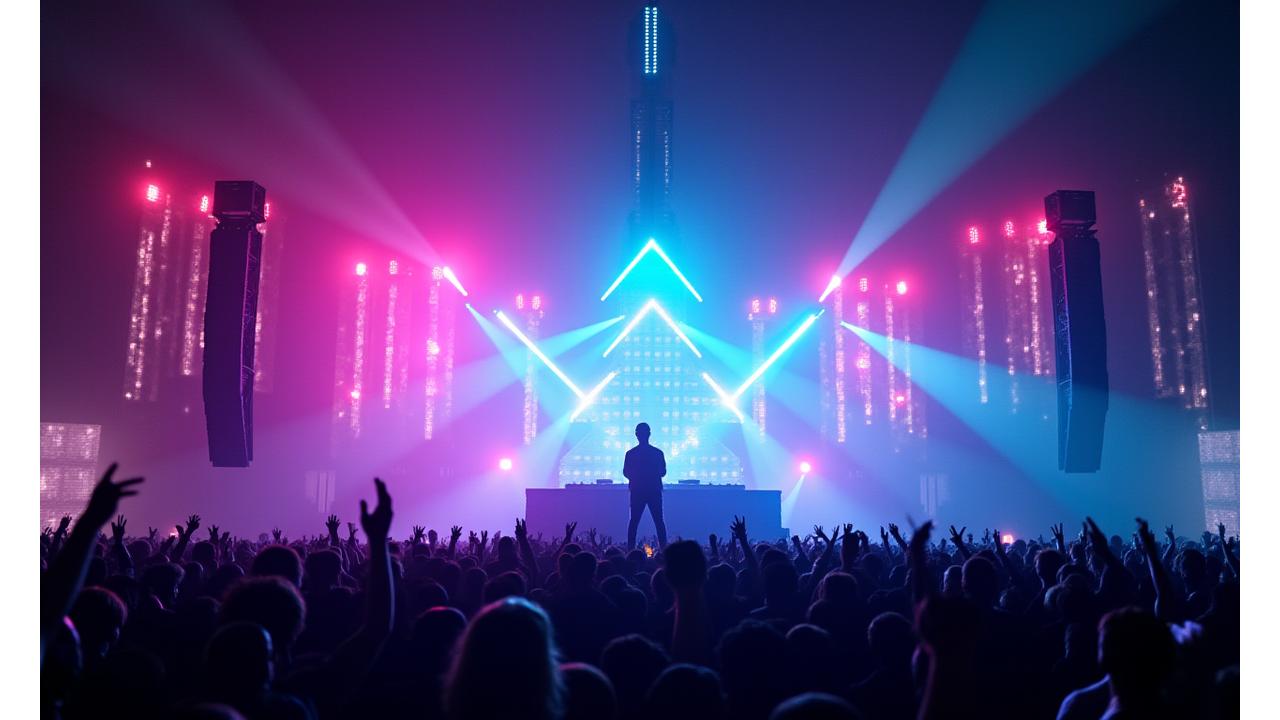 Dynamic concert stage with lights and electronic music artists performing, with digital statistic overlays.