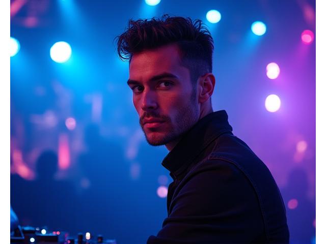 Portrait of DJ Astro-Synth, a male electronic music artist with futuristic stage lighting.