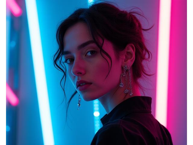 Portrait of Vivid Ohm, a female electronic music artist in a vibrant, neon-lit environment.