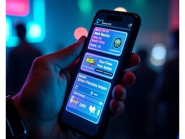 A sleek mobile phone mockup displaying a festival app with real-time updates, a social media feed, and gamification elements. The screen is alive with bright neon visualizers and overlaid with social media icons, reflecting digital interaction.