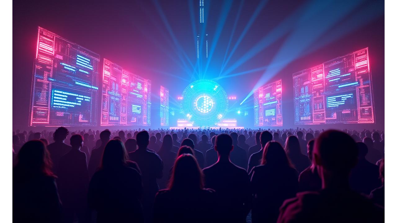 Dynamic visual representation of audience engagement metrics and interactive flow, neon lights illuminating data points showing increased satisfaction and social sharing, reflecting the energetic Pulse Riff Events brand.