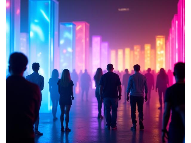 A vibrantly lit interactive art installation at an electronic music festival, with people engaging with light and sound elements. Neon colors (primary blue, secondary pink, accent yellow) dominate the scene, creating an energetic and immersive atmosphere.