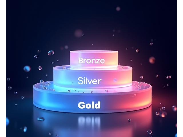 A futuristic holographic display showing a tiered loyalty program framework with 'Bronze', 'Silver', and 'Gold' levels, each with glowing benefits icons. The visualization is dynamic, suggesting progressive rewards and exclusive access with neon pink and blue lights.