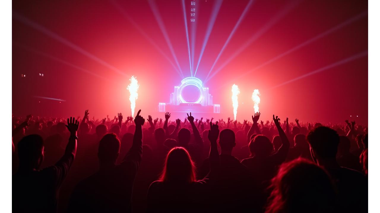 Vibrant electronic music festival crowd with laser lights and pyrotechnics