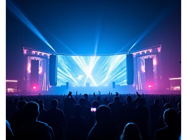 Vibrant, wide-angle shot of the Electric Dreams LA festival main stage at night, featuring a massive LED screen displaying abstract visuals, laser beams cutting through the haze, and a dense, energetic crowd