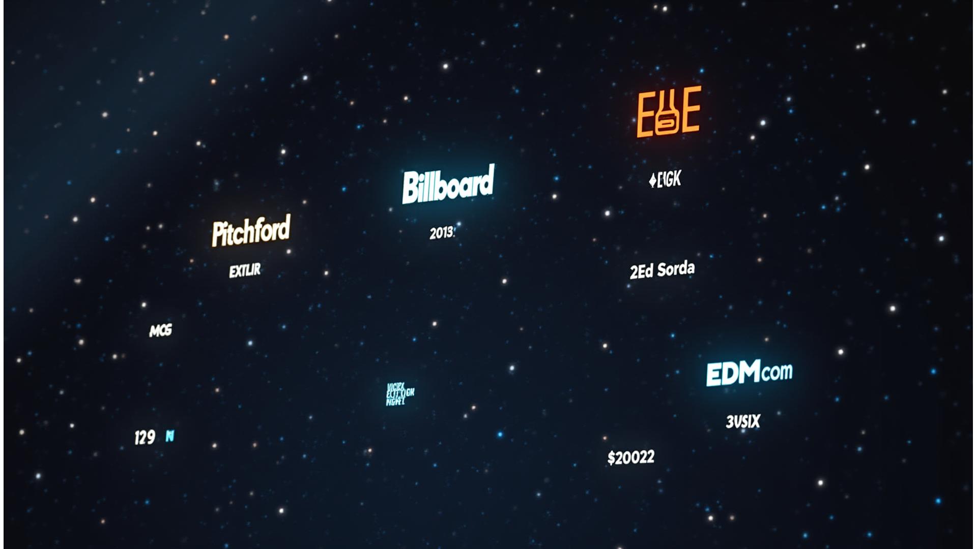 Digital dashboard showing analytics, media logos like Billboard and Pitchfork, and engagement metrics for electronic music festival press coverage, neon glow accents.