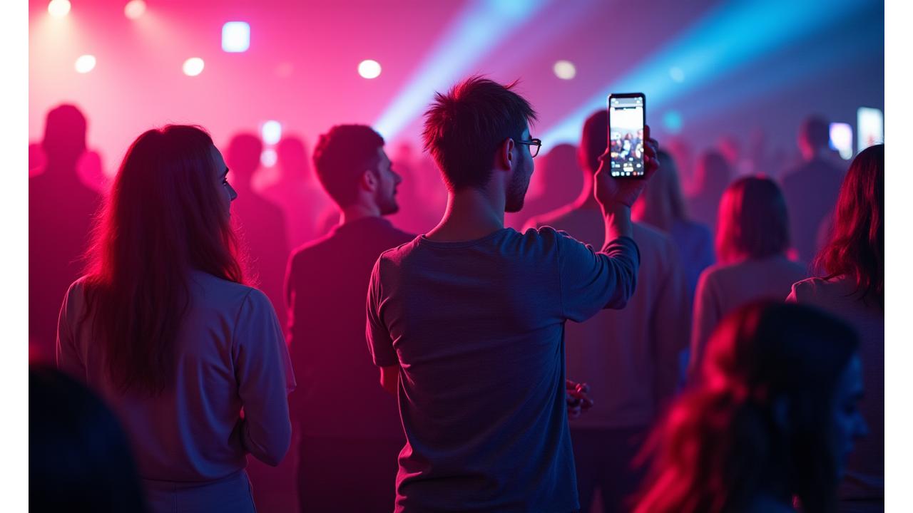 Diverse group of electronic music influencers engaging in various festival activities, with neon glow overlay and social media interface elements.