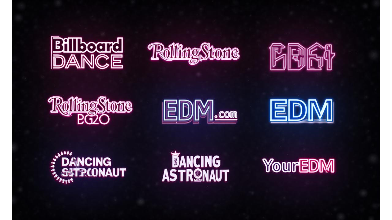 Grid of prominent electronic music publication logos including 'Billboard Dance', 'Rolling Stone EDM', 'Pitchfork', 'EDM.com', 'Dancing Astronaut', 'YourEDM', all glowing with neon accents.