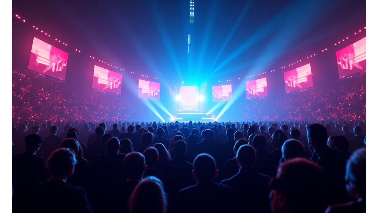 Panoramic view from the center of a 360 degree stage show, showing perfectly distributed visuals and lighting effects across the entire space.