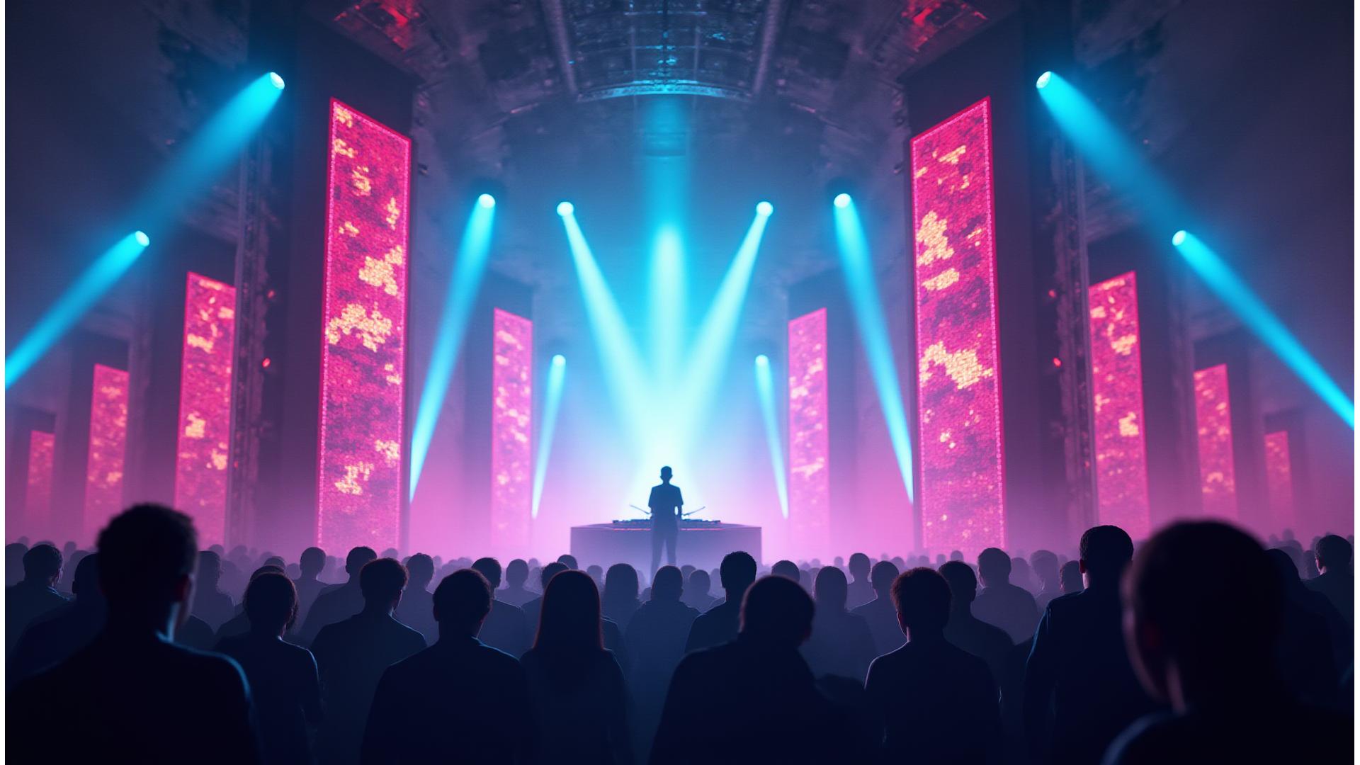 Revolutionary 360 degree immersive stage environment with pulsating lights and dynamic visuals, designed for electronic music festivals.