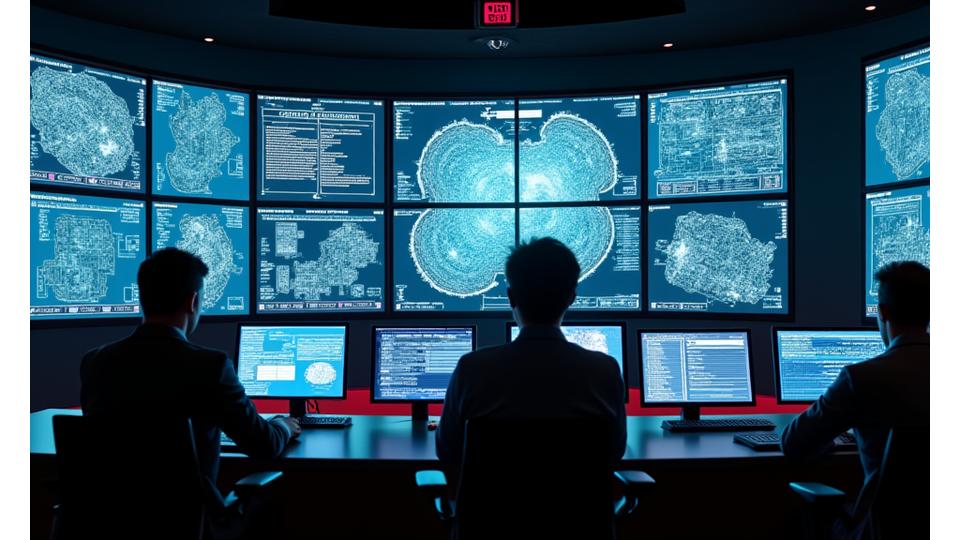 A control room illustrating emergency response protocols with various digital screens showing venue maps, weather data, and communication lines, all with a futuristic, urgent glow.