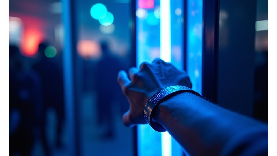 RFID wristband being scanned at a futuristic entry gate, with glowing lights and efficient crowd processing for a large music event.