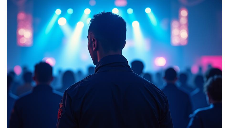 Highly trained security personnel overseeing a vibrant electronic music event, ensuring safety and order with advanced communication systems.