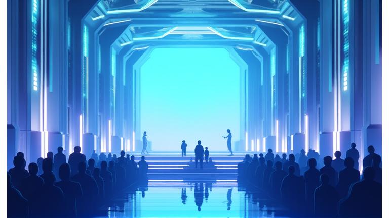 Interactive 3D model of a proprietary 360° immersive stage system with audience flow visualization and detailed technical specifications.