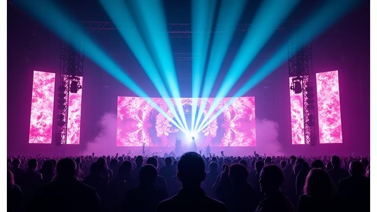 Gallery of mesmerizing festival lighting designs, including LED walls, laser shows, and intelligent lighting fixtures with vibrant patterns and colors.