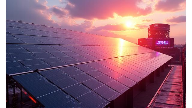 Large array of solar panels powering a festival stage, with glowing neon lights in the background representing electronic music.