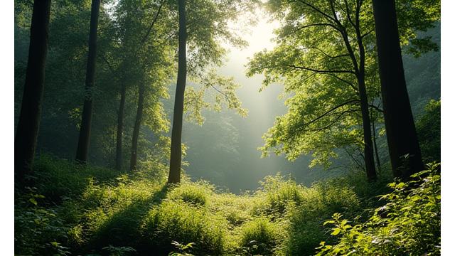 Lush, green forest with dappled sunlight, symbolizing carbon offset initiatives.
