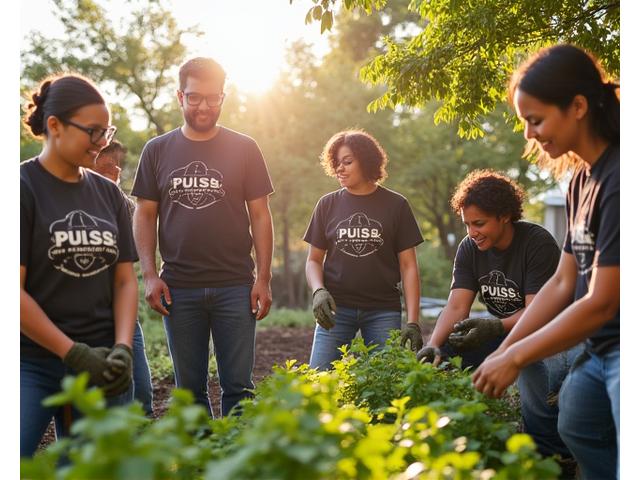 Volunteers from a festival team working with local community members in a vibrant community garden, planting trees and tending to plants.
