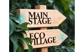 Festival directional sign made from reclaimed wood and non-toxic, biodegradable inks, showing a path to a stage.