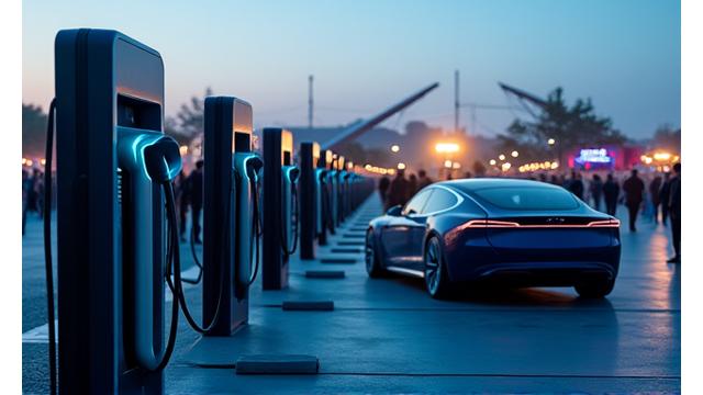 Electric vehicle charging stations at a festival parking lot, with attendees plugging in their cars.