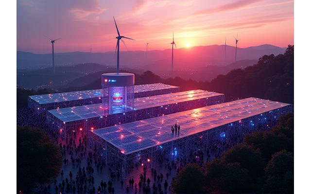Stunning aerial view of a vibrant electronic music festival utilizing solar panels and wind turbines for power, set against a pristine natural landscape with minimal waste visible.