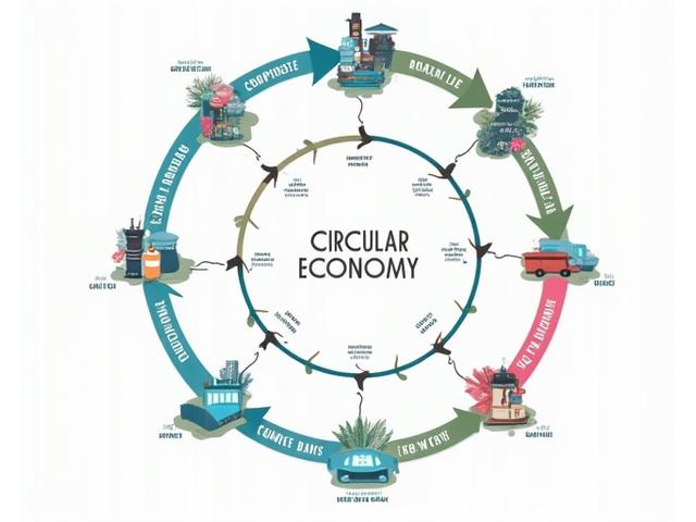 Infographic showing a circular economy model for festival waste, with arrows illustrating recycling, composting, and reuse pathways, leading to minimal landfill waste.