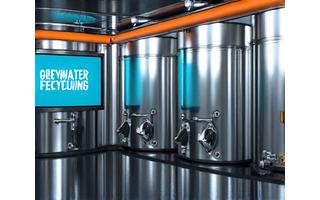 A sleek, modern water purification system at a festival, showcasing advanced filtration technology with a 'greywater recycling' label.