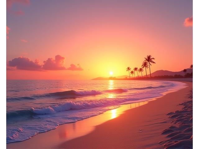 Palm trees silhouetted against a golden hour beach setting, with hints of a stage setup