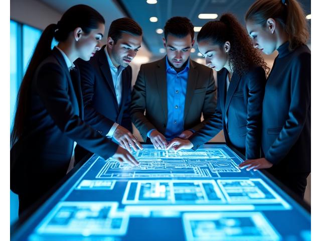 A team of event planners reviewing venue blueprints and digital mockups on a large screen during a consultation