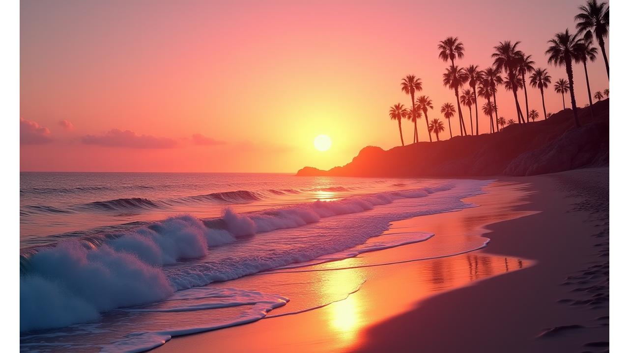 Sunset view of a beach concert setup with a small stage and attendees enjoying electronic music by the ocean