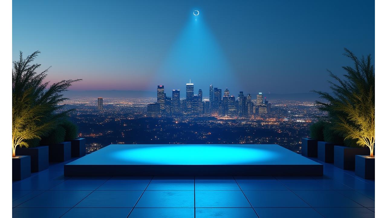 Modern rooftop venue overlooking the Los Angeles skyline at night, with subtle stage lighting
