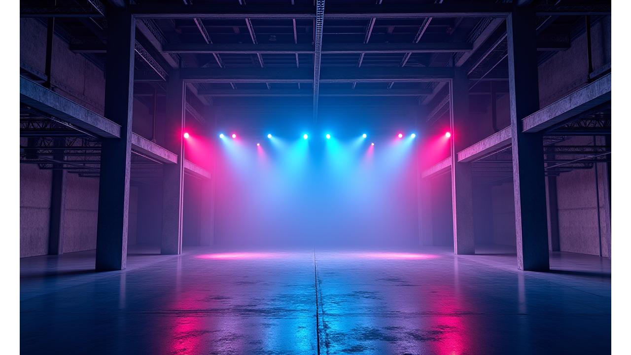 Spacious industrial warehouse transformed into an electronic music venue with neon lights and a large stage