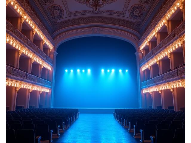 Grand, ornate historic theater interior with modern stage lighting and sound equipment