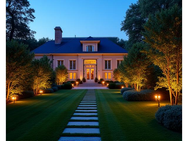 Luxurious private estate garden illuminated with subtle event lighting at dusk