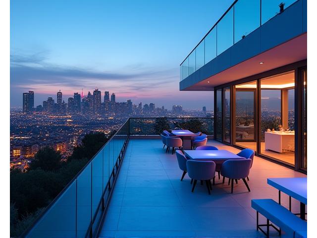 Vibrant night scene on a high-rise rooftop overlooking the sprawling Los Angeles city lights