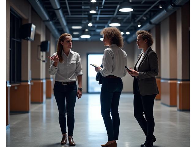 Event planners conducting a walk-through of a spacious, modern venue, discussing logistics