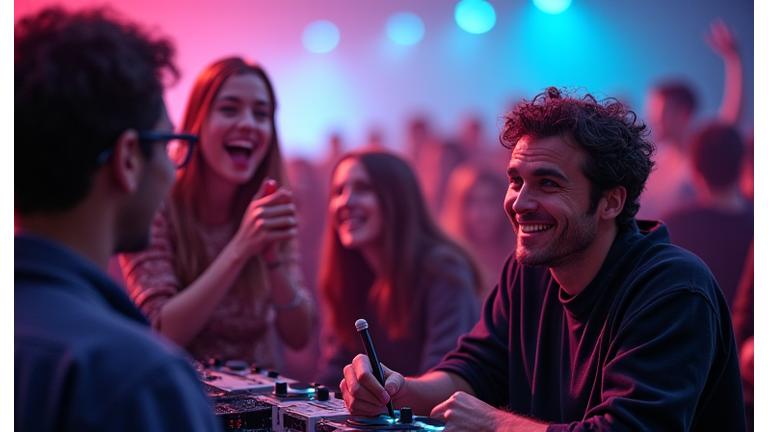 An electronic music artist interacting with a small group of VIP guests backstage, with stage lights and equipment visible in the warm glow, conveying exclusivity