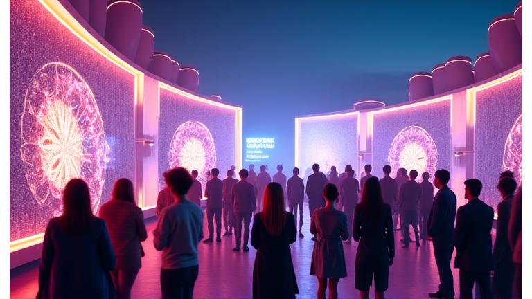 A large, neon-lit brand activation booth within a festival, featuring interactive digital displays and a branded lounge space, surrounded by engaged festival-goers