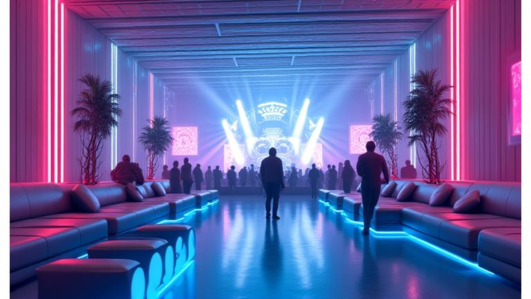 3D visualization of a modern, luxurious VIP lounge at a sprawling electronic music festival, with neon accents and exclusive access points overlooking a vibrant main stage